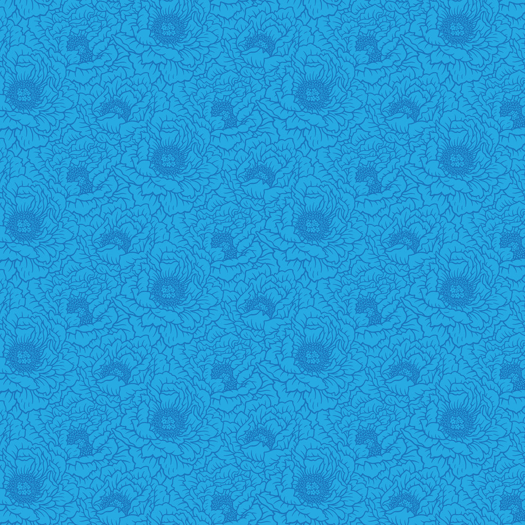 fabric swatch with a geometric print of outlined peony flowers in blue with a slightly lighter contrasted background