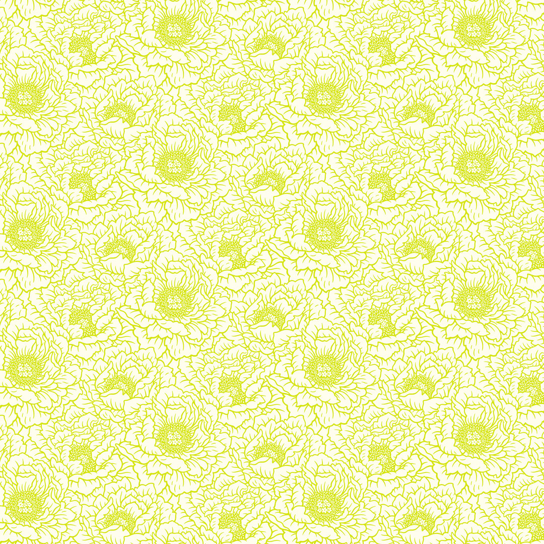 fabric swatch with a geometric print of outlined peony flowers in chartreuse with a contrasted cream background
