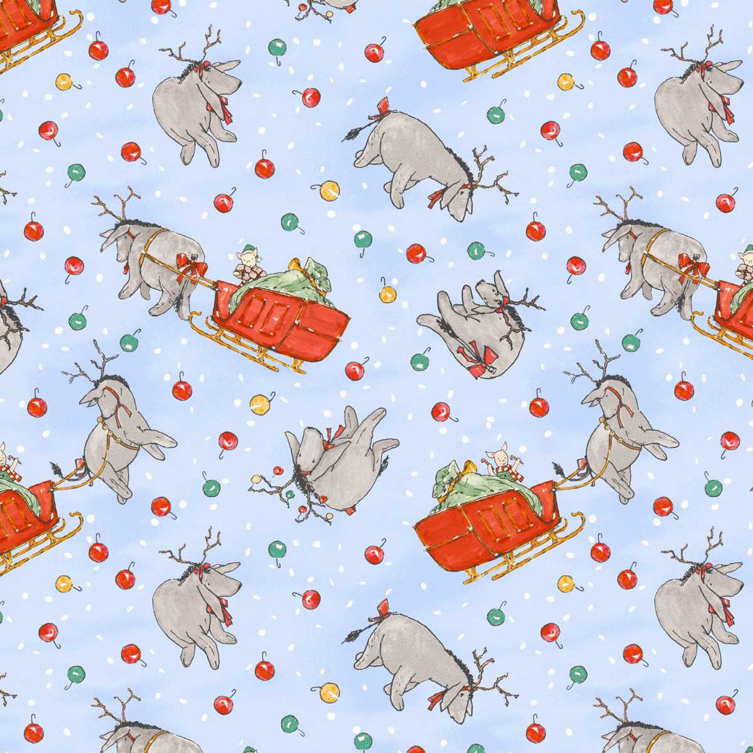 Pattern of reindeer with sleighs and Christmas elements on a light blue background