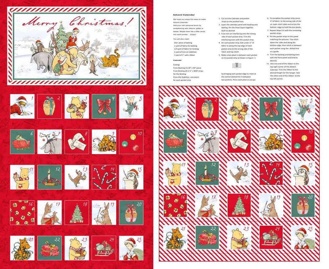 Christmas-themed fabric panel with cartoon characters and festive designs on a red and white striped background.