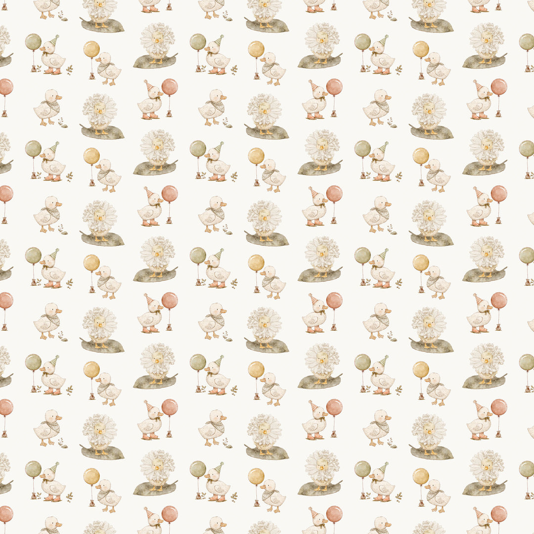 fabric swatch cream background with ducks holding balloons and dandelions. 