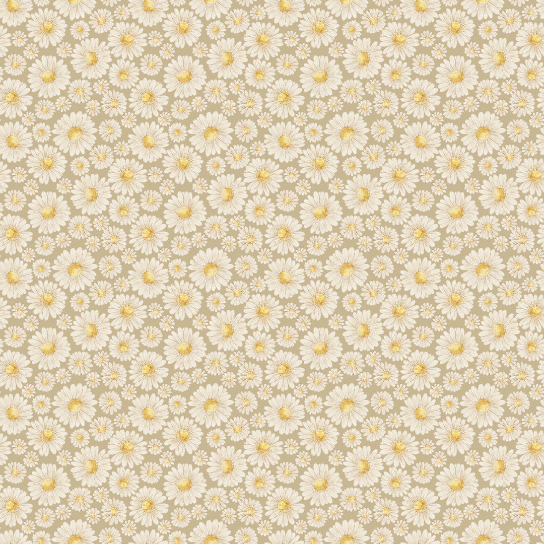 Fabric with pattern of small white flowers with yellow centers on a beige background