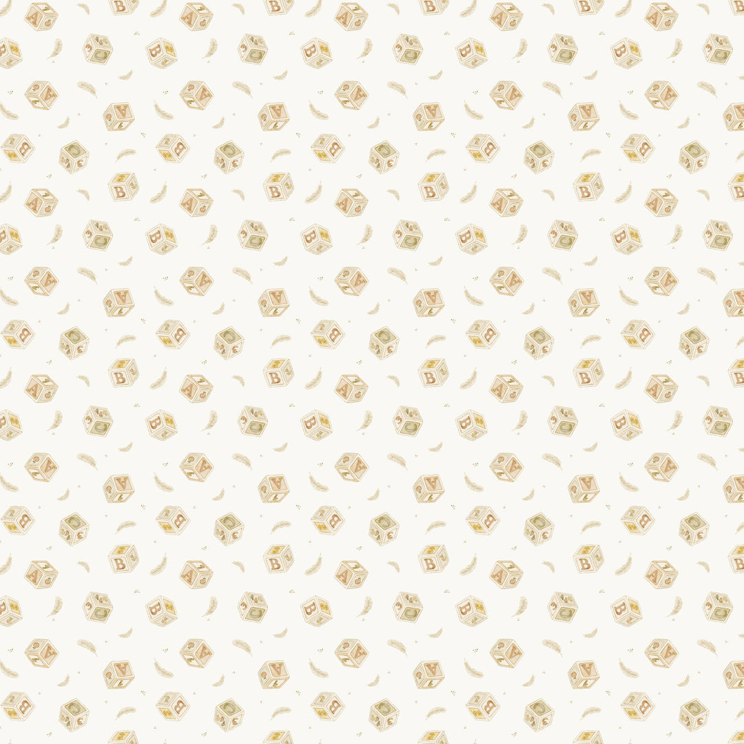 Fabric swatch cream background with wooden alphabet blocks