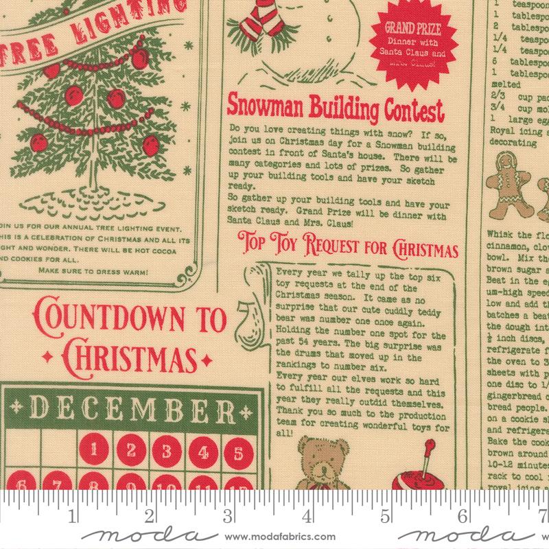 Christmas-themed fabric with countdown to Christmas design, tree, snowman, and teddy bear.