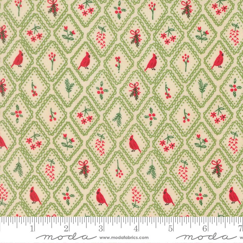 Christmas-themed fabric pattern with red birds, green bows, and red berries on a beige background, featuring Moda label.