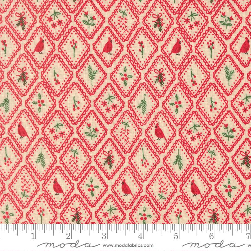 Christmas-themed fabric pattern with red birds, green holly leaves, and red diamonds on a white background, featuring Moda label.