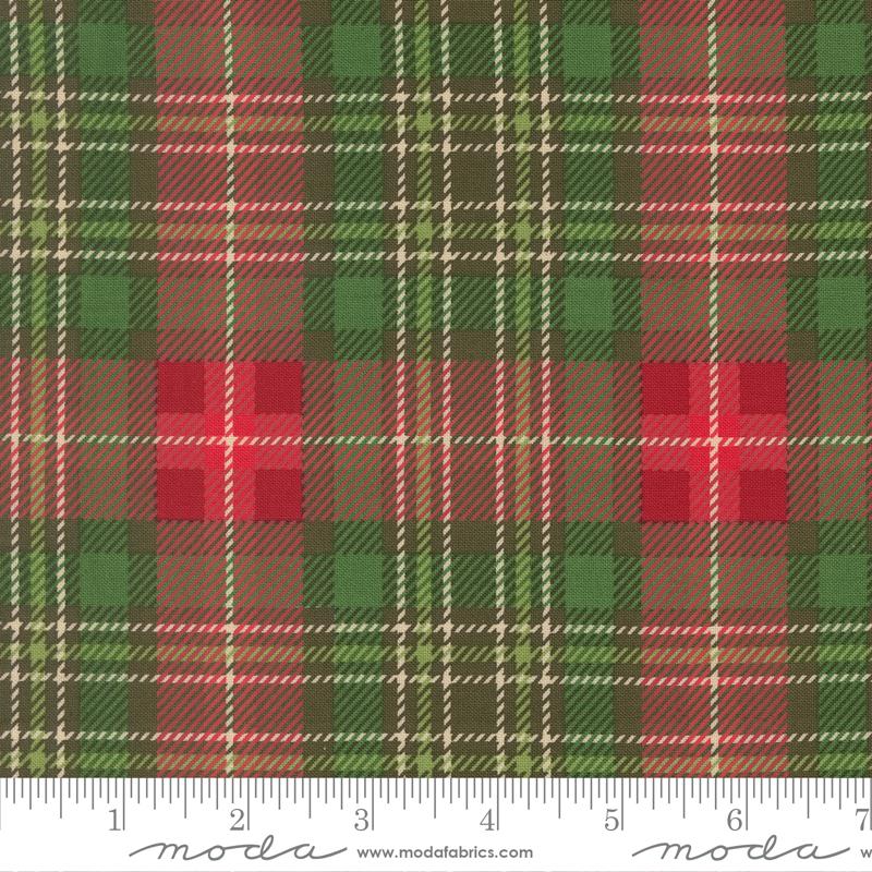 Plaid fabric pattern with green, red, and brown colors, featuring a Moda label at the bottom.