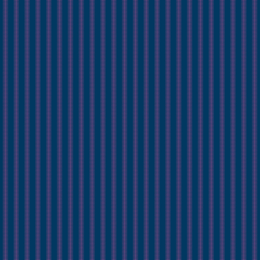 stripes composed of small pink dots line a navy blue background