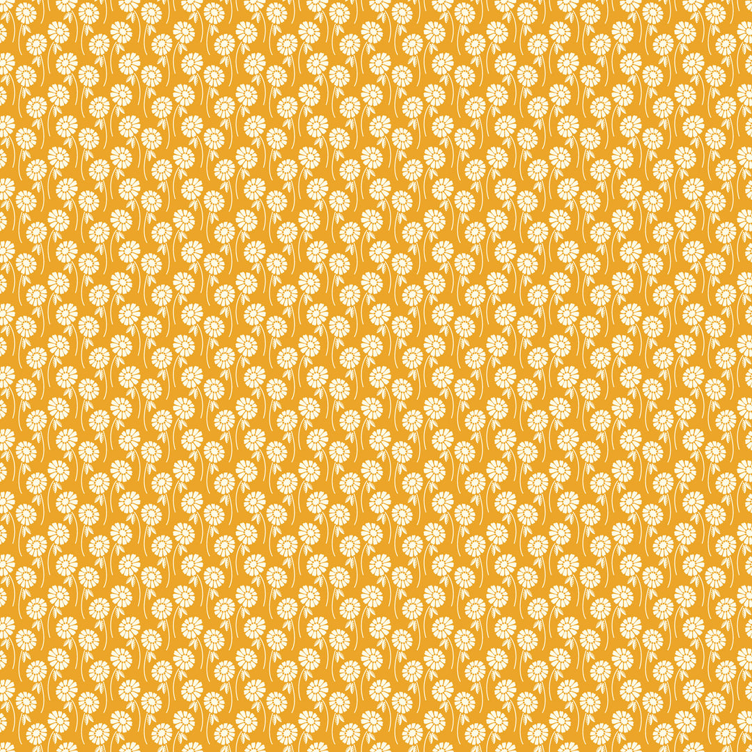 white daisy print on a warm orangish brown background
