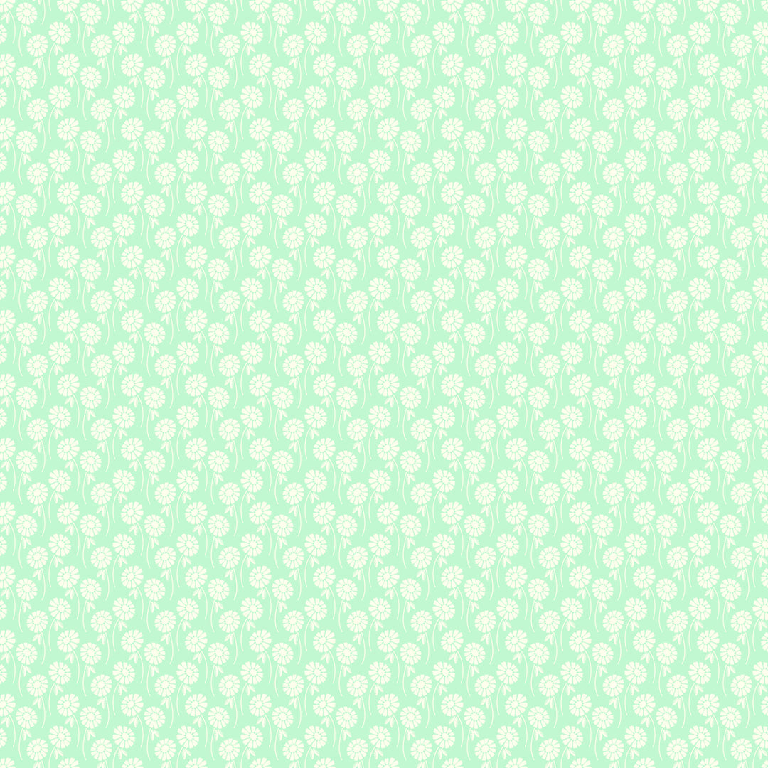 white daisy print on a bright aqua green blue background