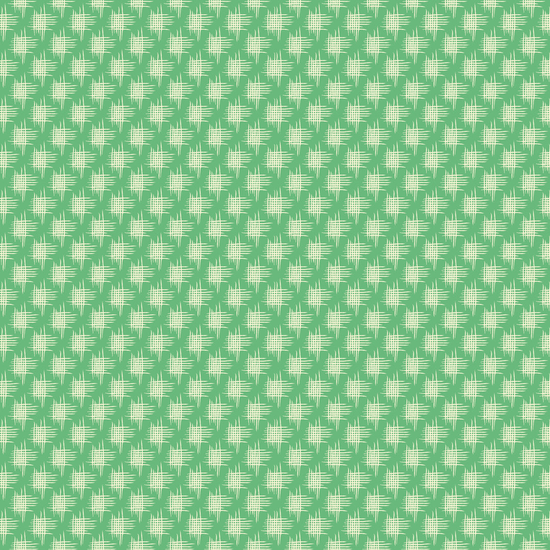 geometric white crosshatch print on a jade green background