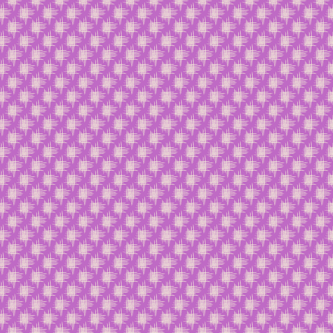 white geometric crosshatch print on a bright lavender purple background