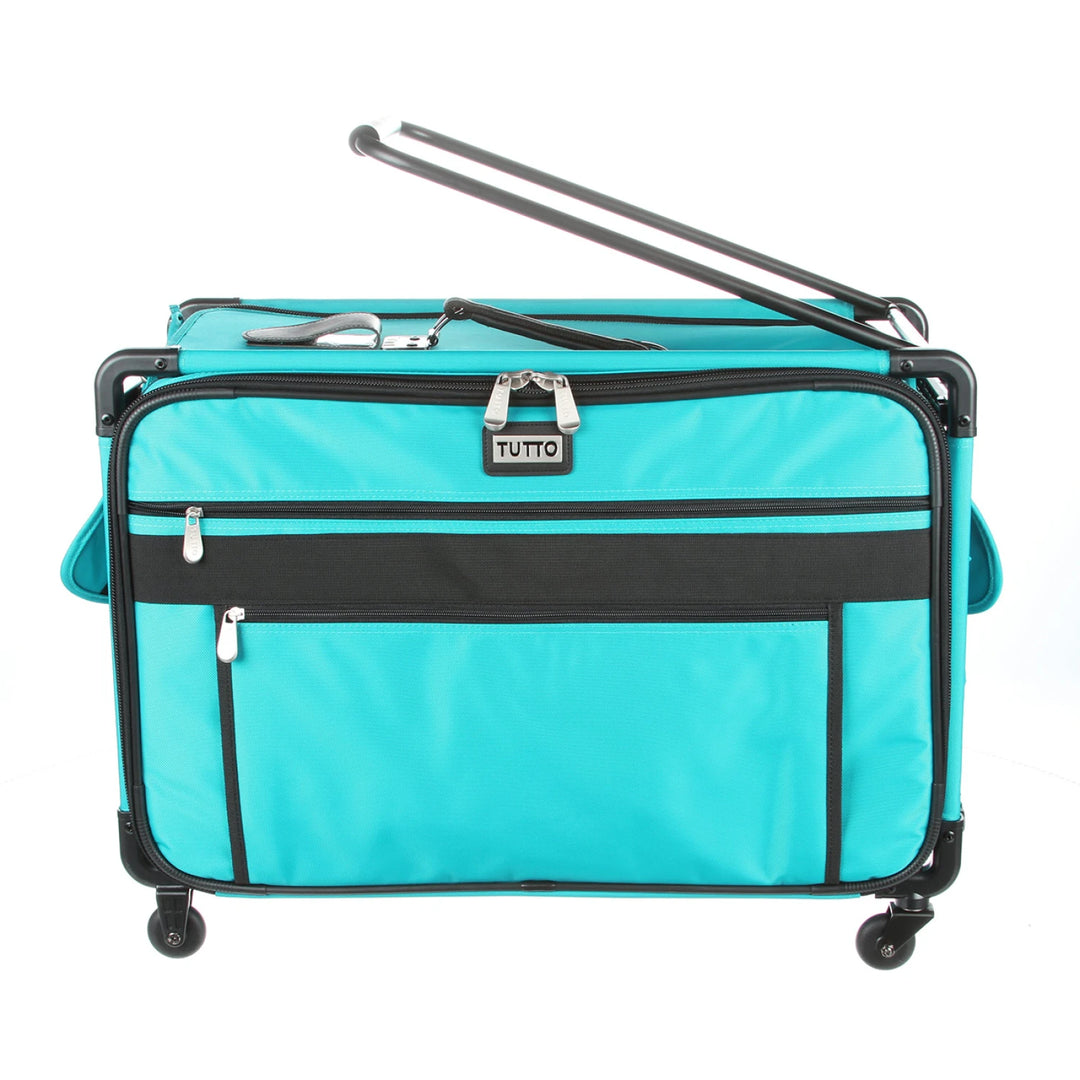 Turquoise suitcase with black accents and wheels on a white background