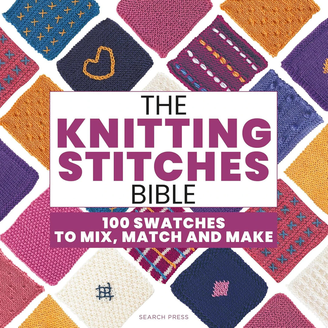 Book cover of 'The Knitting Stitches Bible' with colorful knitted swatches.