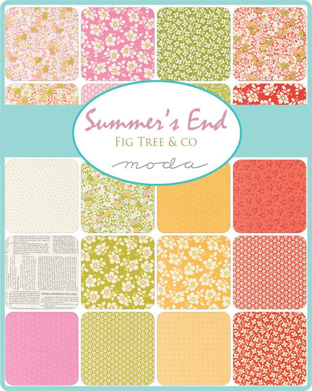 Collection of Summer's End fabric swatches with various patterns and colors, featuring the brand 'Moda'.