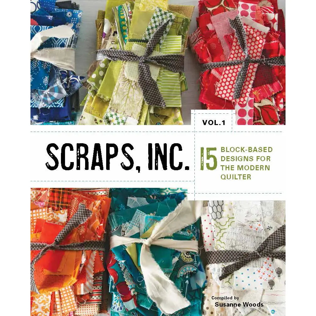 Scraps, INC. book with colorful scraps tied in bundles. 
