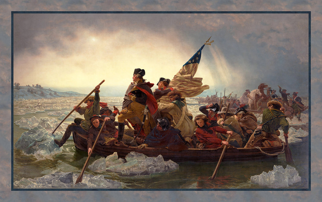 Painting of a historical scene with people in a boat on icy water, holding flags.