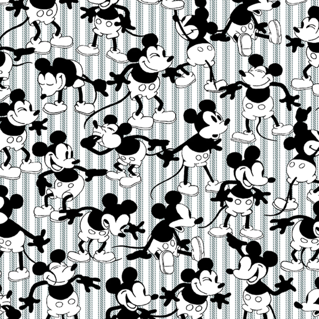 Blue and white stripe background with large scattered Mickey Mouse 