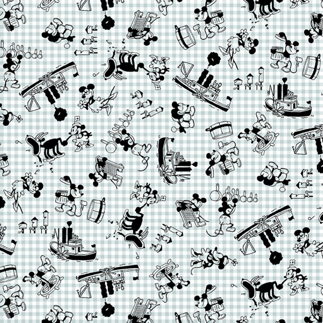 Blue and White gingham with Mickey and Minnie Mouse with steamboats. A cartoon scene