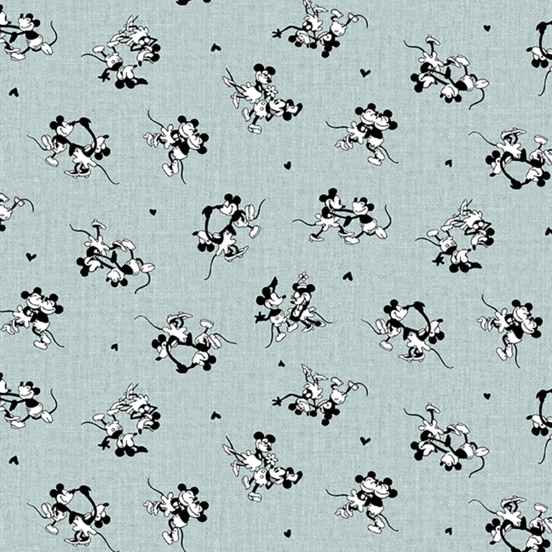 Blue background with Mickey and Minnie Mouse dancing