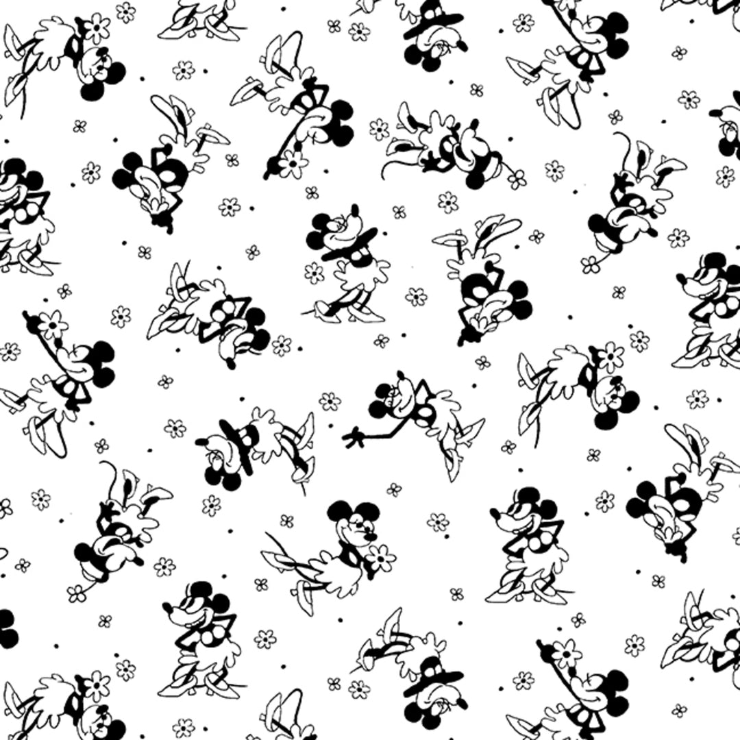 White background with Minnie Mouse and small daisies