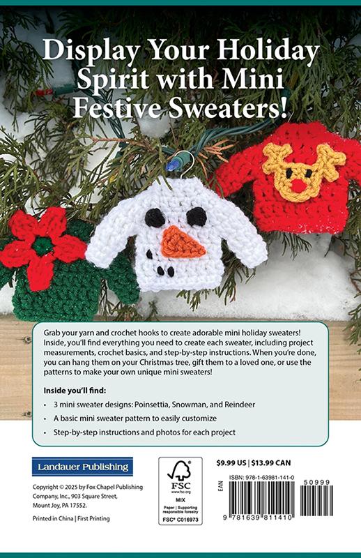 Booklet cover with crochet patterns for mini festive sweaters, including a snowman, reindeer, and poinsettia design, on a green background.