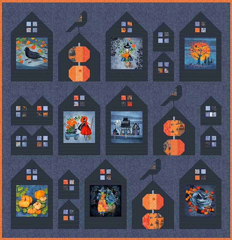 Quilt pattern with black houses and colorful autumn-themed scenes on a blue background