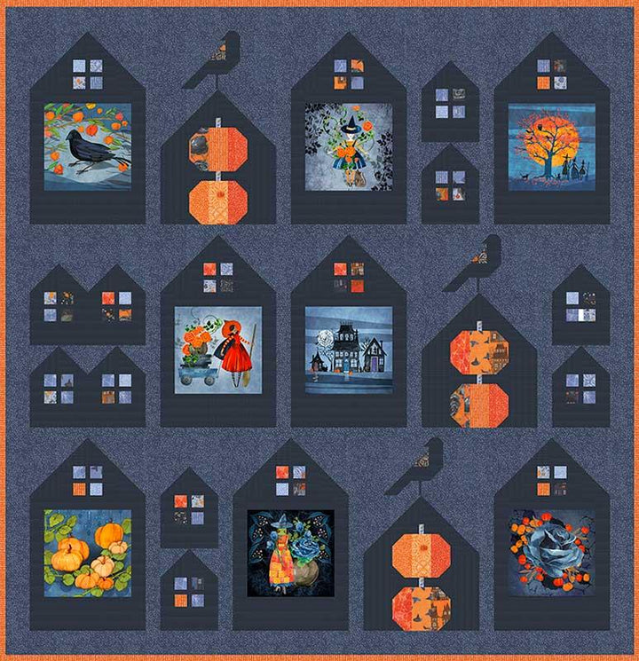 Quilt pattern with black houses and colorful autumn-themed scenes on a blue background