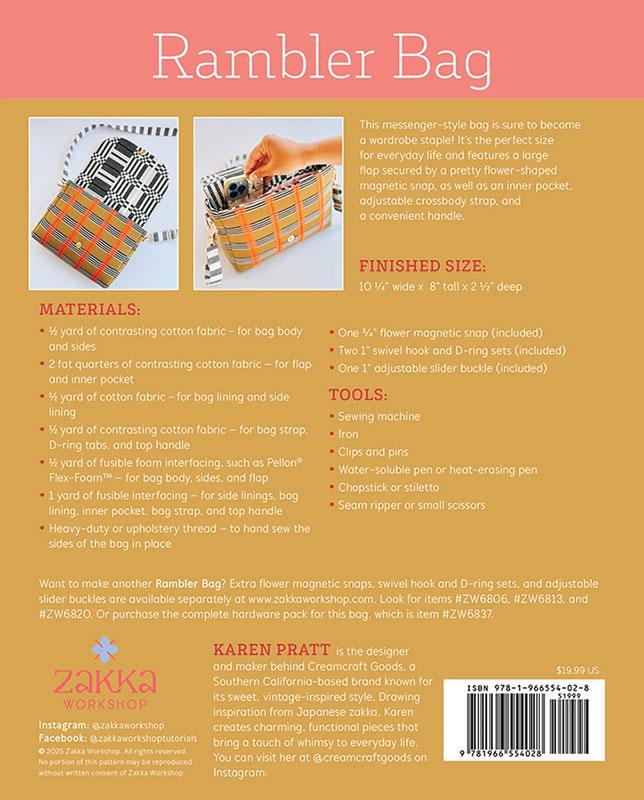 Back cover of a sewing pattern book for a Rambler Bag with text and images of the bag.
