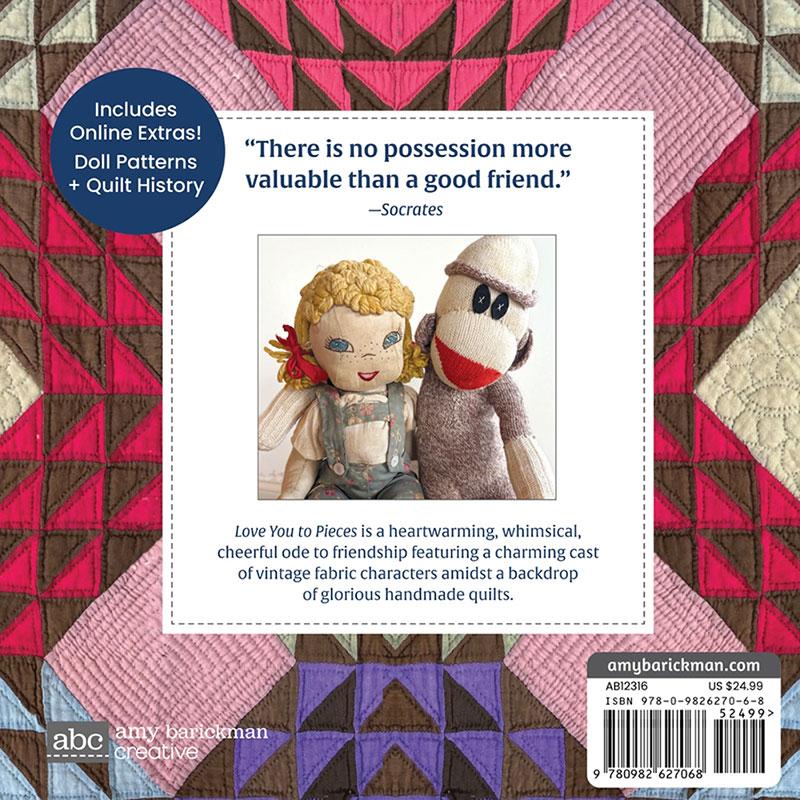 Bookback with quilt design, dolls, and text about friendship and quilts.