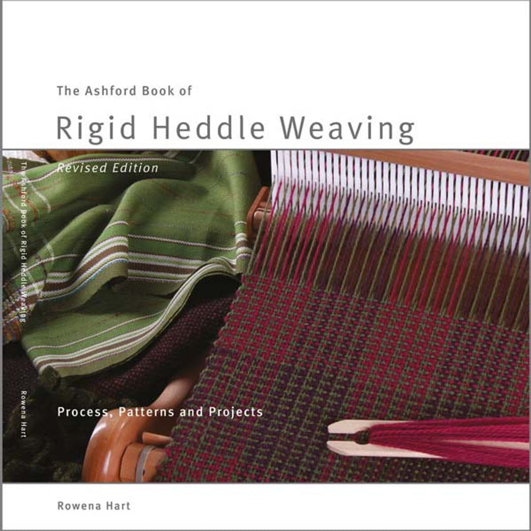 Book cover of 'The Ashford Book of Rigid Heddle Weaving' with a loom and woven fabric.
