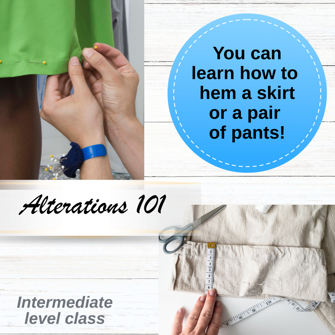 Instructional graphic on hemming a skirt or pants with text overlay.