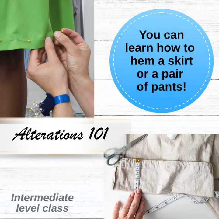 Instructional graphic on hemming a skirt or pants with text overlay.