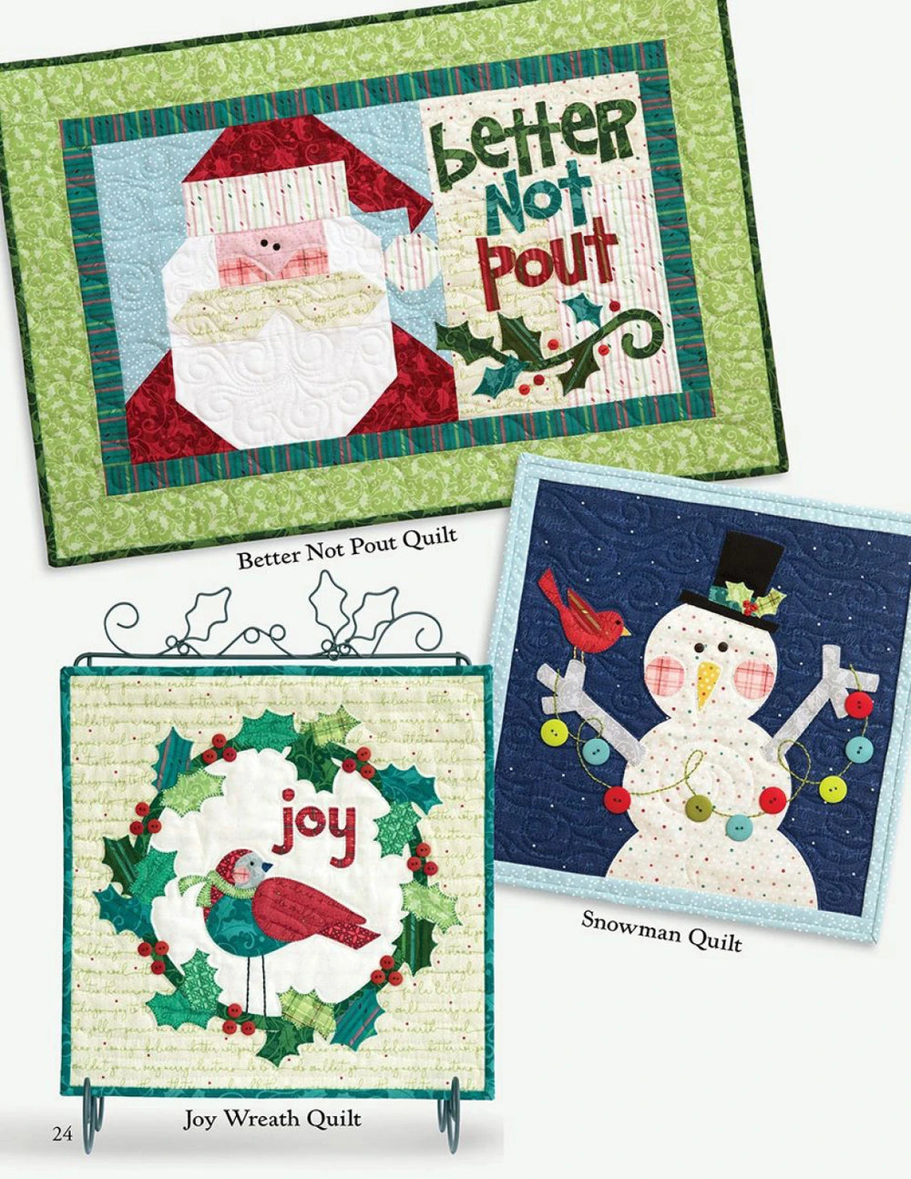 Three Christmas-themed quilts featuring Santa, a snowman, and a wreath on a white background.