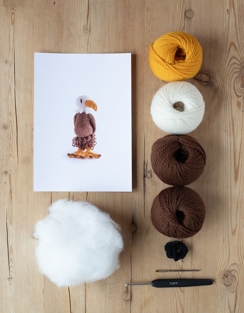 Abarham the bald eagle product card; poly stuffing; yellow, white and brown yarns; darning needle; and crochet hook lying on a wooden table