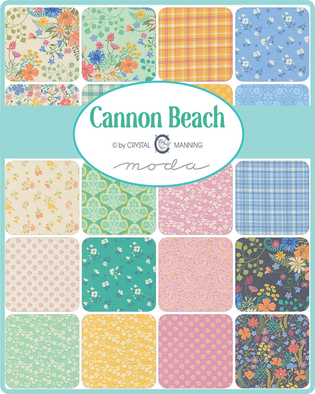 Collection of fabric swatches with various patterns and the brand 'Cannon Beach' displayed.