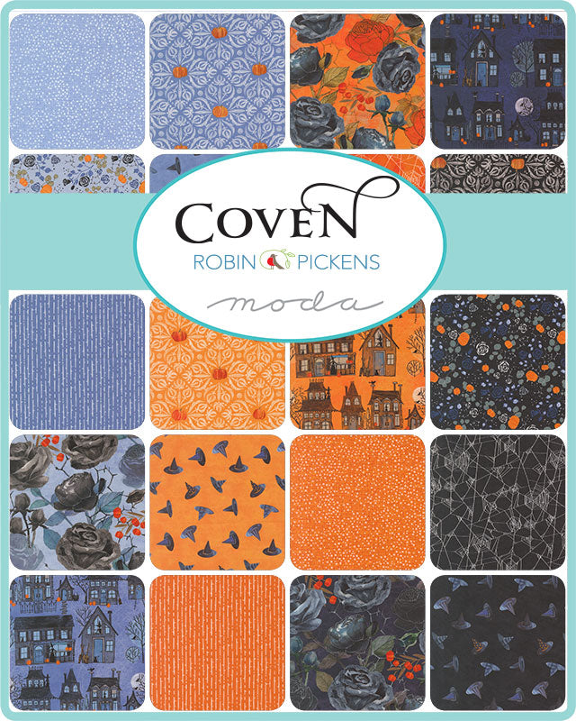 Collection of fabric swatches with 'Coven' design by Robin Pickens Moda on a teal background