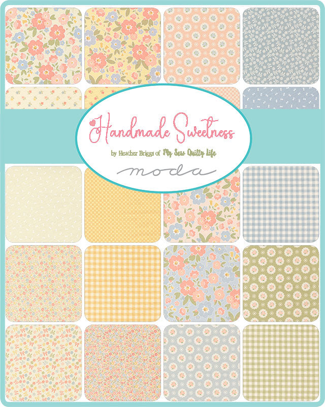 Collection of fabric swatches with various patterns and a 'Handmade Sweetness' label.