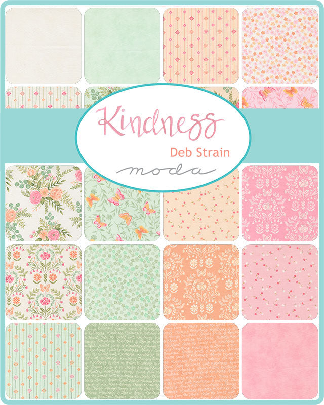 Collection of fabric swatches with various patterns and a 'Kindness' label, featuring the brand 'Moda'.