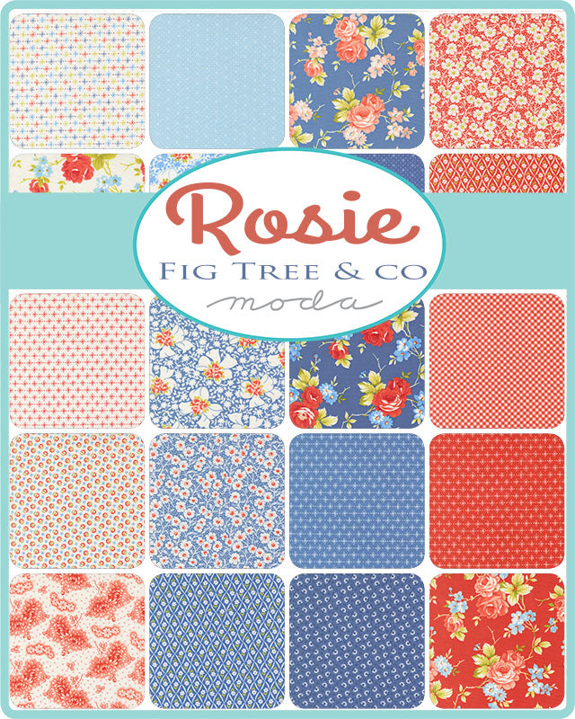 Collection of floral and patterned fabric squares with 'Rosie' and 'Fig Tree & Co' branding.