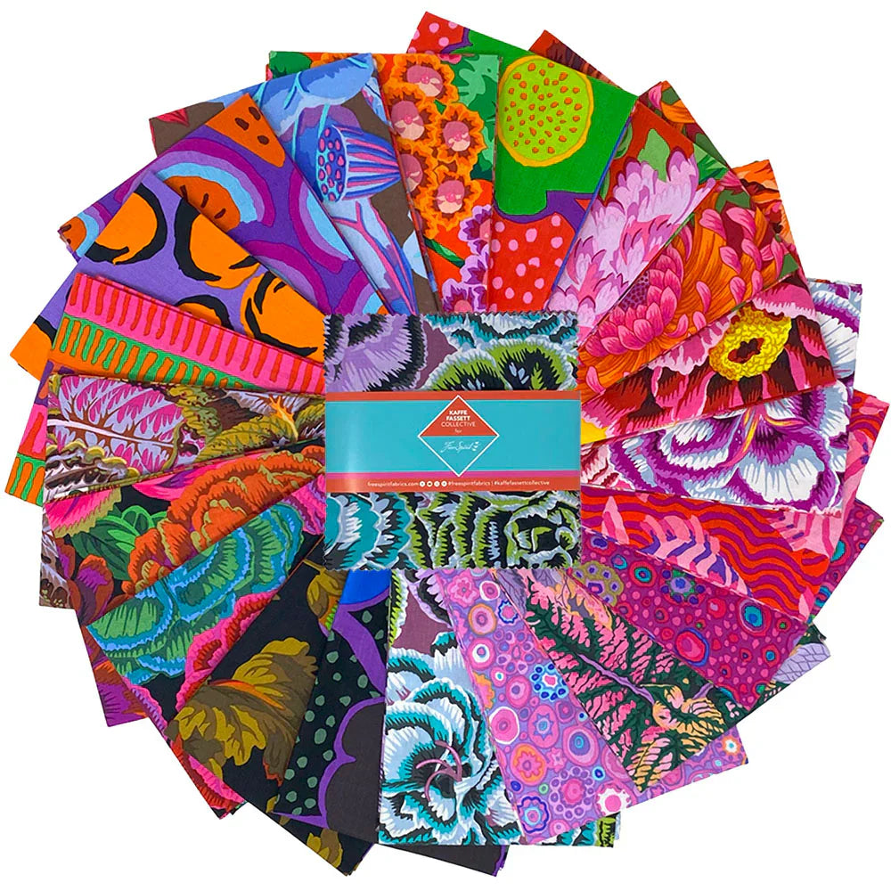 Collection of colorful fabric swatches with a brand label in the center.