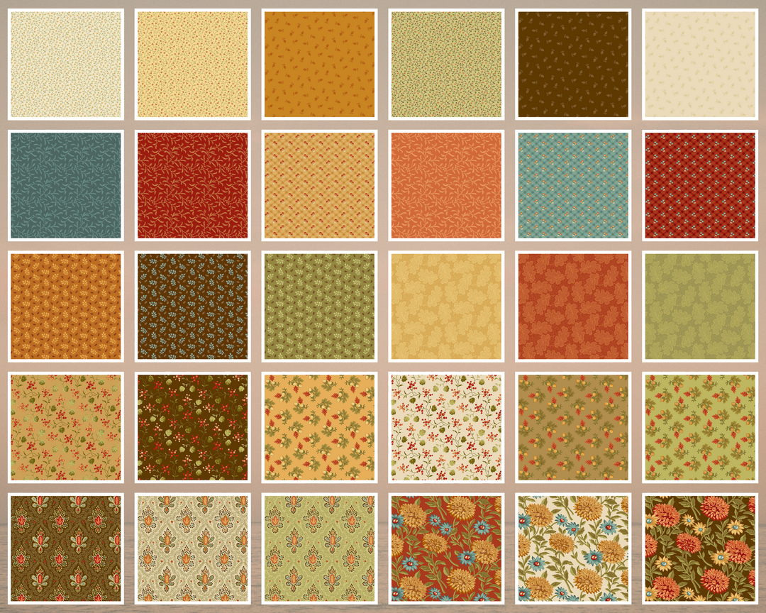 collage of 30 fabrics in various autumnal colors