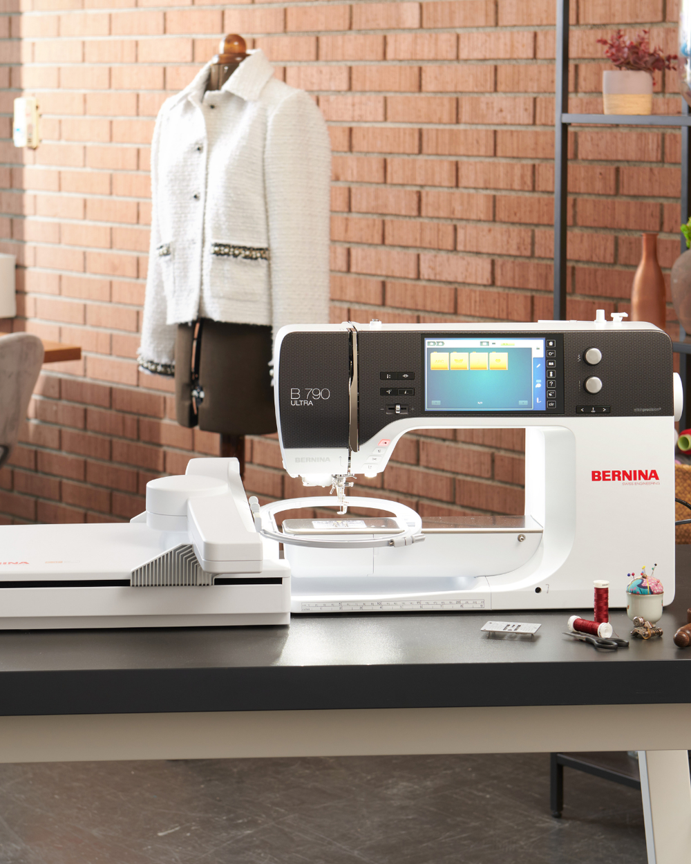B 790 Ultra sewing machine on a table with a brick wall background