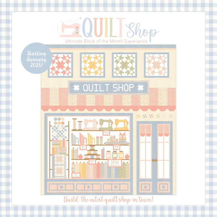 Illustration of a quilt shop with sewing supplies on a checkered background