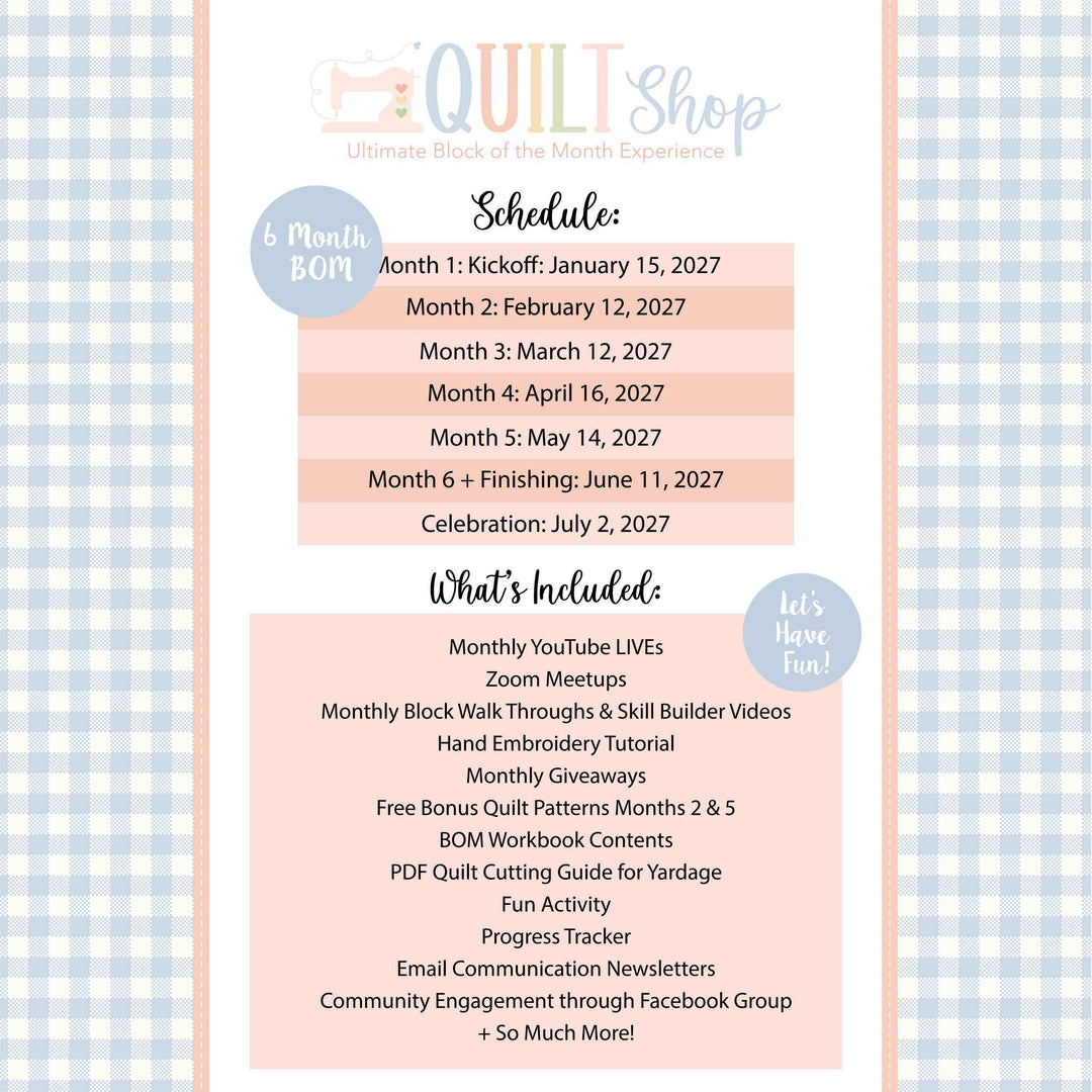 Quilt shop schedule with event dates and included activities on a checkered background