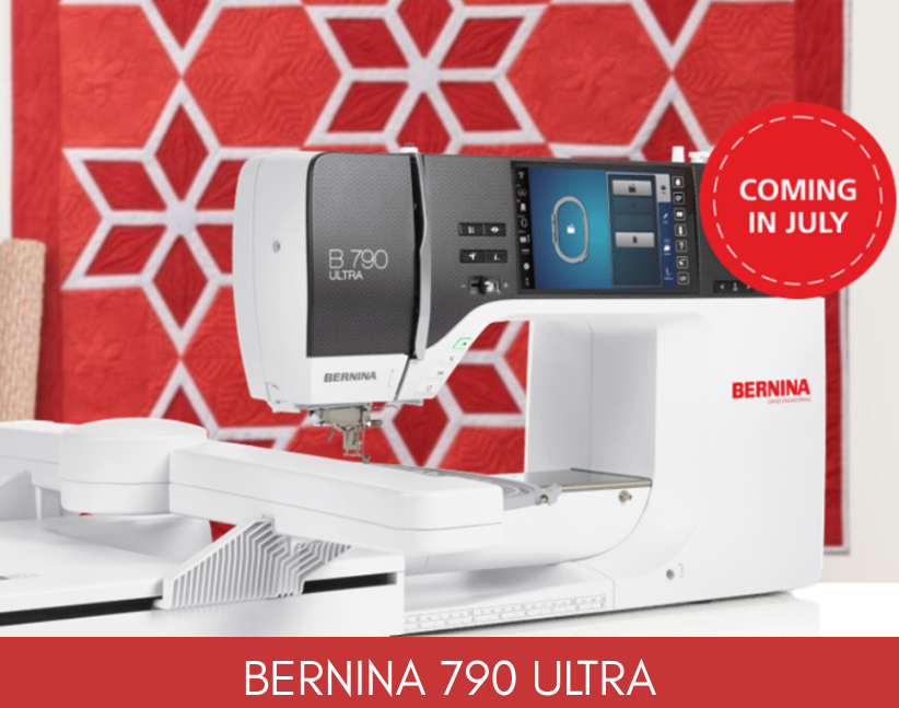 BERNINA 790 Ultra sewing machine with a red geometric patterned backdrop