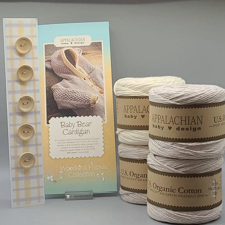 Baby Bear Cardigan Kit includes yarn, buttons, and pattern