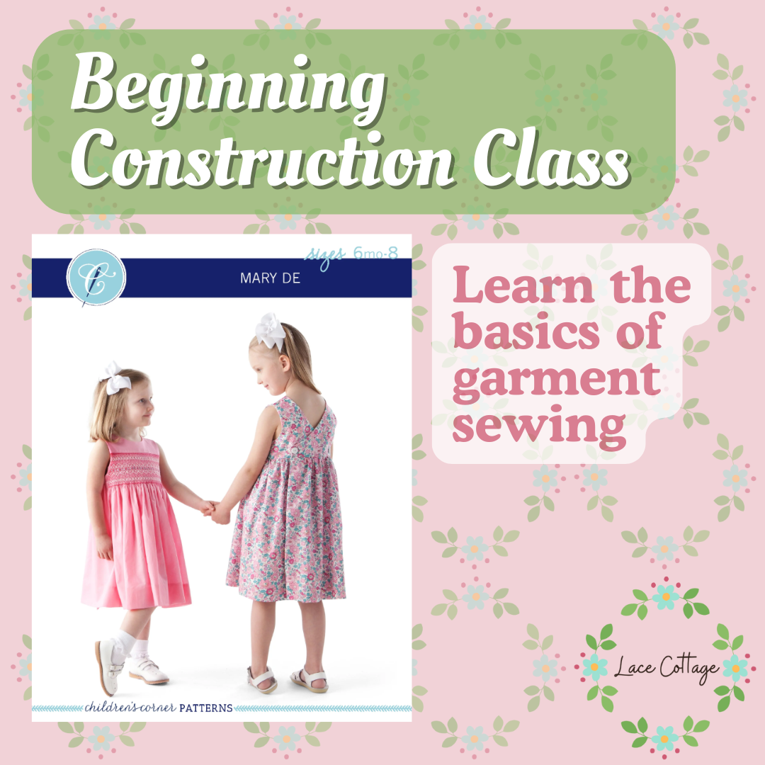 pattern cover of 'Beginning Construction Class' with two children in dresses on a pink floral background.