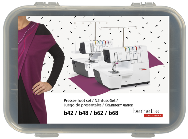 Clear plastic case with Bernette sewing machine foot set packaging featuring a person in a purple dress.