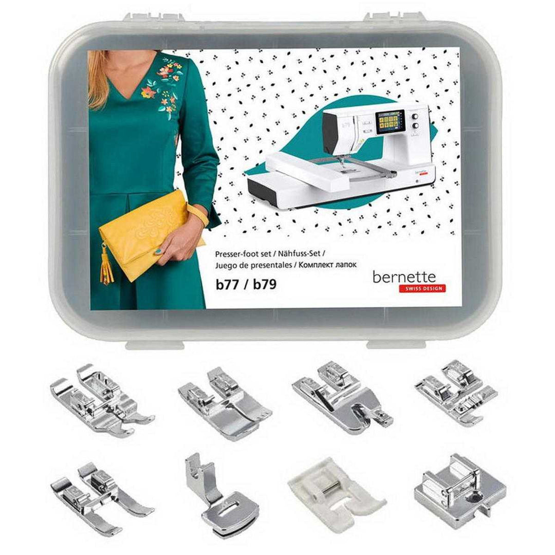 Bernette presser foot set packaging with sewing machine image and presser feet displayed below.